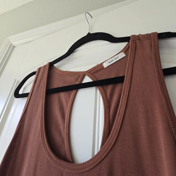 Mod Ref Rust Brown Micro Ribbed High Low Midi Dress Keyhole Back Minimalist Sz L - Picture 5 of 11